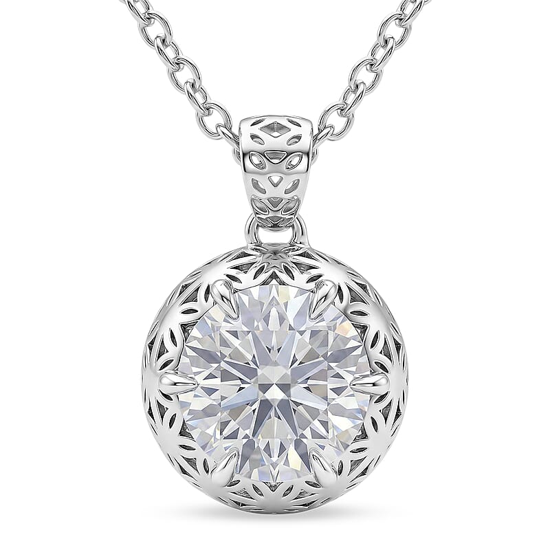 Mirage Collection Moissanite 2.00 ctw Pendant in Rhodium Over Sterling Silver with Stainless Steel Necklace (18 Inches)