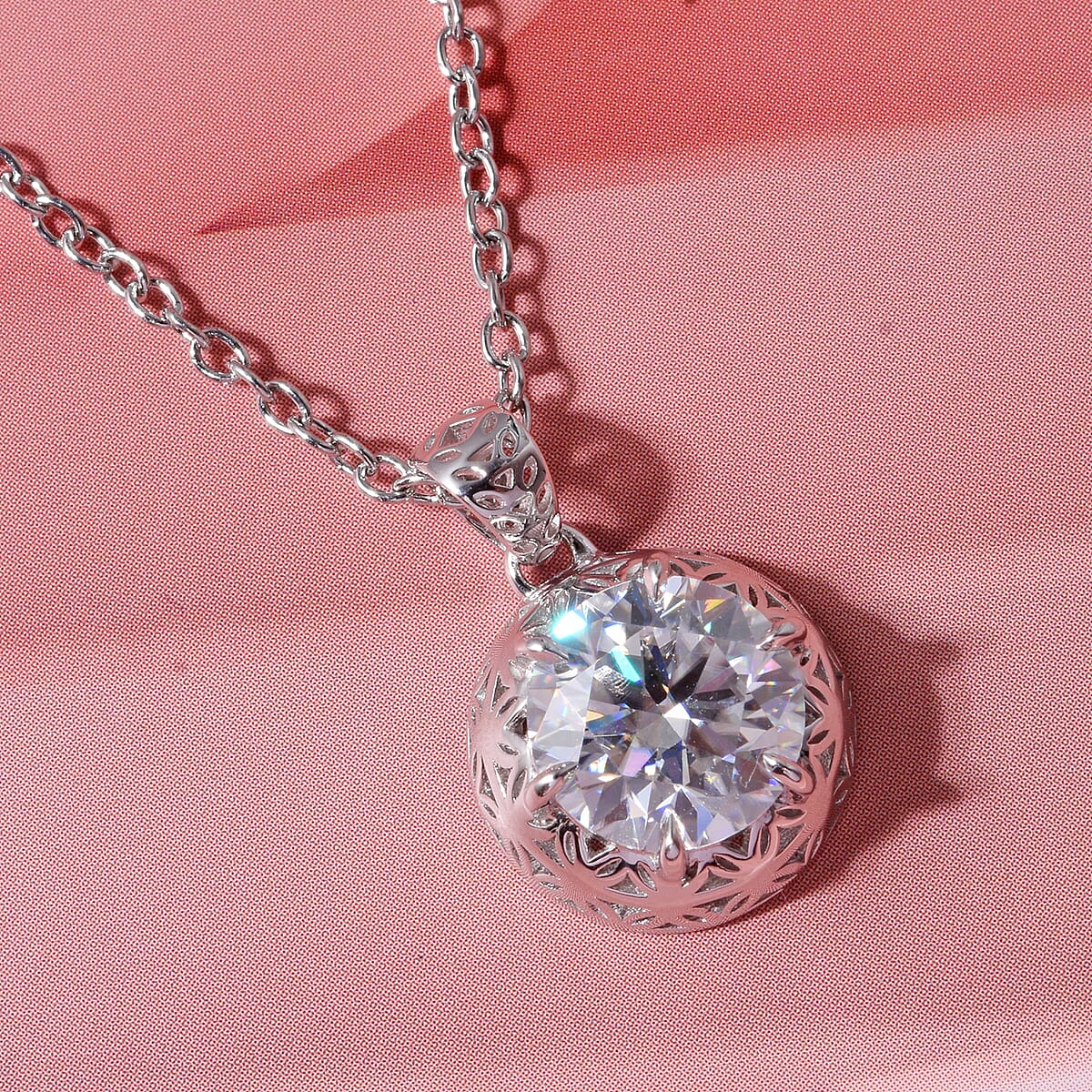 Mirage Collection Moissanite (Rnd 8.5mm) Pendant in Rhodium Over Sterling Silver with Stainless Steel Necklace (18 Inches) 2.00 ctw image number 1