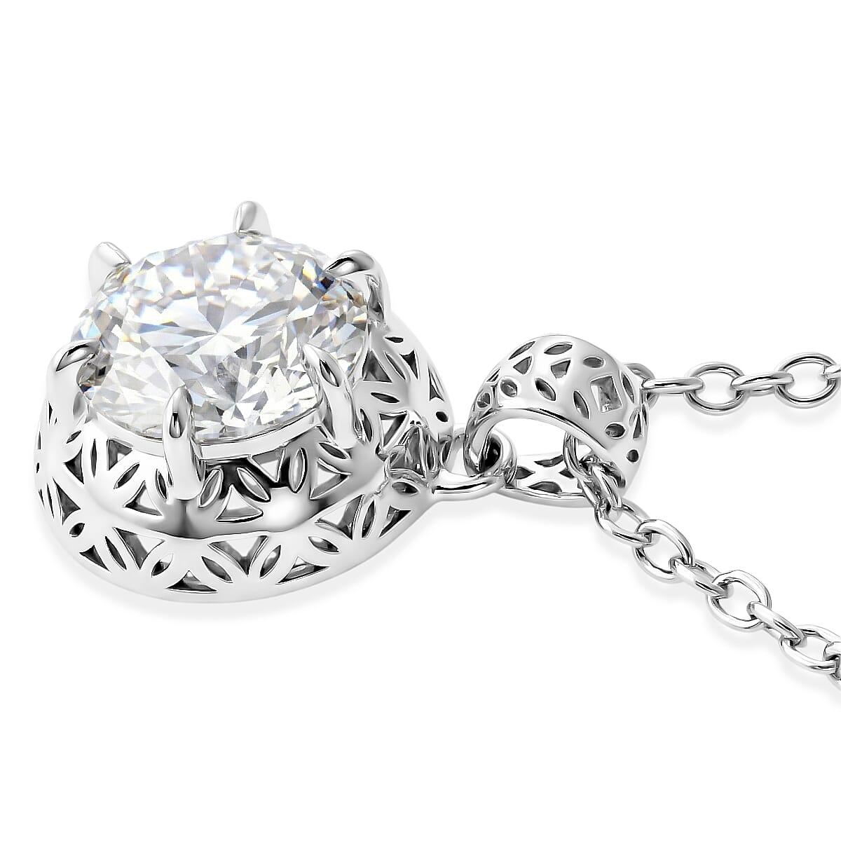 Mirage Collection Moissanite (Rnd 8.5mm) Pendant in Rhodium Over Sterling Silver with Stainless Steel Necklace (18 Inches) 2.00 ctw image number 3