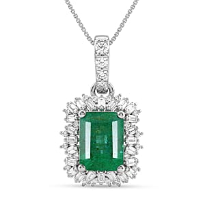 D'Joy Premium Kagem Zambian Emerald and Moissanite 2.40 ctw Royal Burst Pendant Necklace in Rhodium Over Sterling Silver 18 Inches