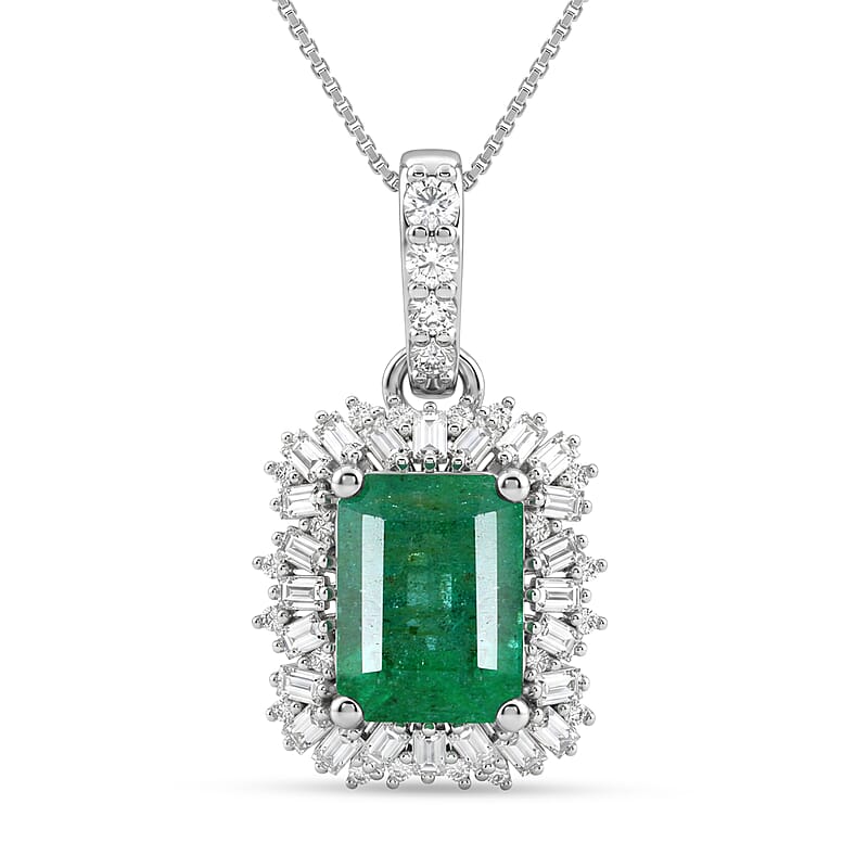D'Joy Premium Kagem Zambian Emerald and Moissanite 2.40 ctw Royal Burst Pendant Necklace in Rhodium Over Sterling Silver 18 Inches