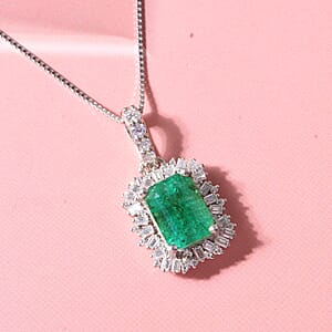 D'Joy Premium Kagem Zambian Emerald and Moissanite 2.40 ctw Royal Burst Pendant Necklace in Rhodium Over Sterling Silver 18 Inches