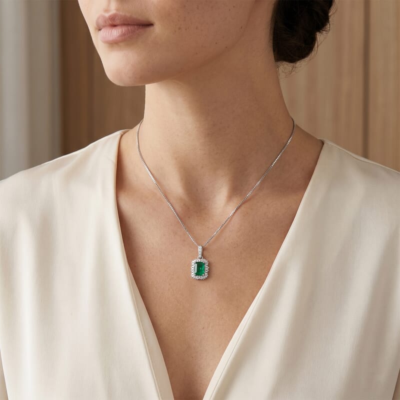 D'Joy Premium Kagem Zambian Emerald and Moissanite 2.40 ctw Royal Burst Pendant Necklace in Rhodium Over Sterling Silver 18 Inches