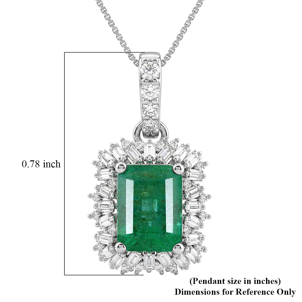 D'Joy Premium Kagem Zambian Emerald and Moissanite 2.40 ctw Royal Burst Pendant Necklace in Rhodium Over Sterling Silver 18 Inches