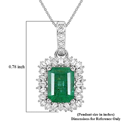 D'Joy Premium Kagem Zambian Emerald and Moissanite 2.40 ctw Royal Burst Pendant Necklace in Rhodium Over Sterling Silver 18 Inches