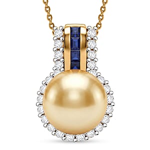 D'Joy Premium South Sea Golden Pearl and Multi Gemstone 0.65 ctw Crown Pendant Necklace in 18K Vermeil Yellow Gold Over Sterling Silver 20 Inches