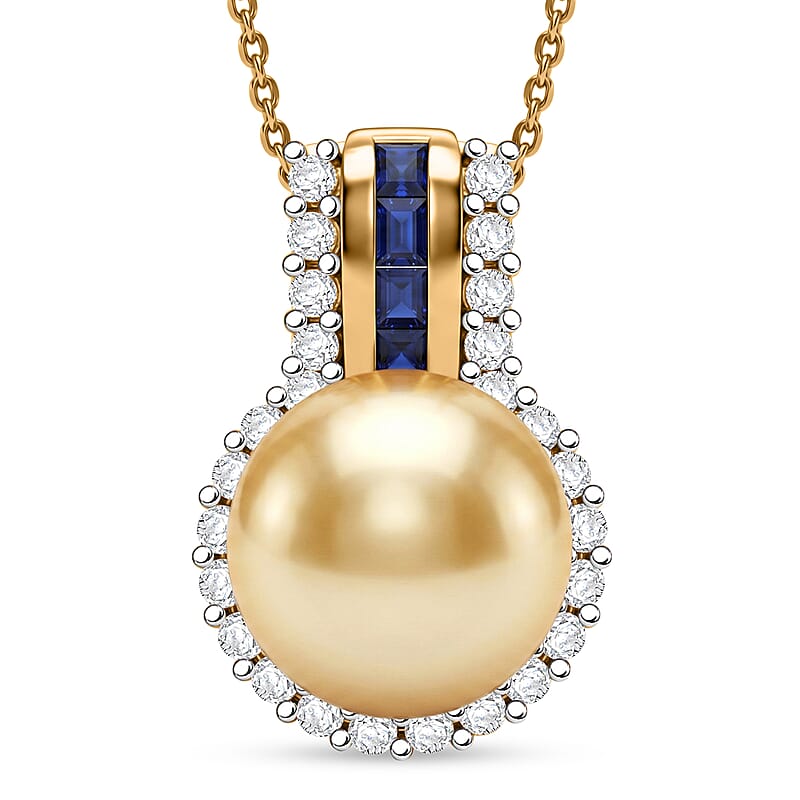 D'Joy Premium South Sea Golden Pearl and Multi Gemstone 0.65 ctw Crown Pendant Necklace in 18K Vermeil Yellow Gold Over Sterling Silver 20 Inches