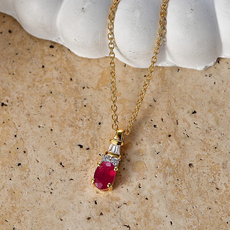 D'Joy Niassa Ruby (FF) and Moissanite 1.35 ctw Ocean Majesty Pendant in 14K YG Over Sterling Silver with ION Plated YG Stainless Steel Necklace 20 Inches