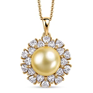 D'Joy Premium Golden South Sea Pearl and Moissantie 1.65 ctw Pendant Necklace in 18K Vermeil Yellow Gold Over Sterling Silver 20 Inches