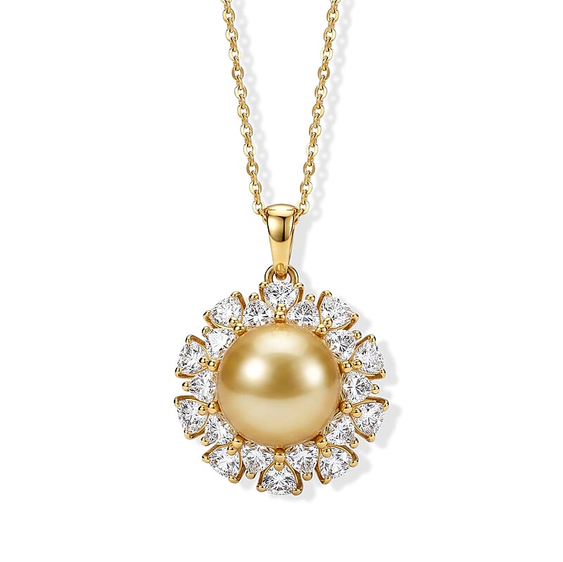 D'Joy Premium South Sea Golden Pearl and Moissanite 1.65 ctw Sunburst Pendant Necklace in 18K Vermeil Yellow Gold Over Sterling Silver 20 Inches