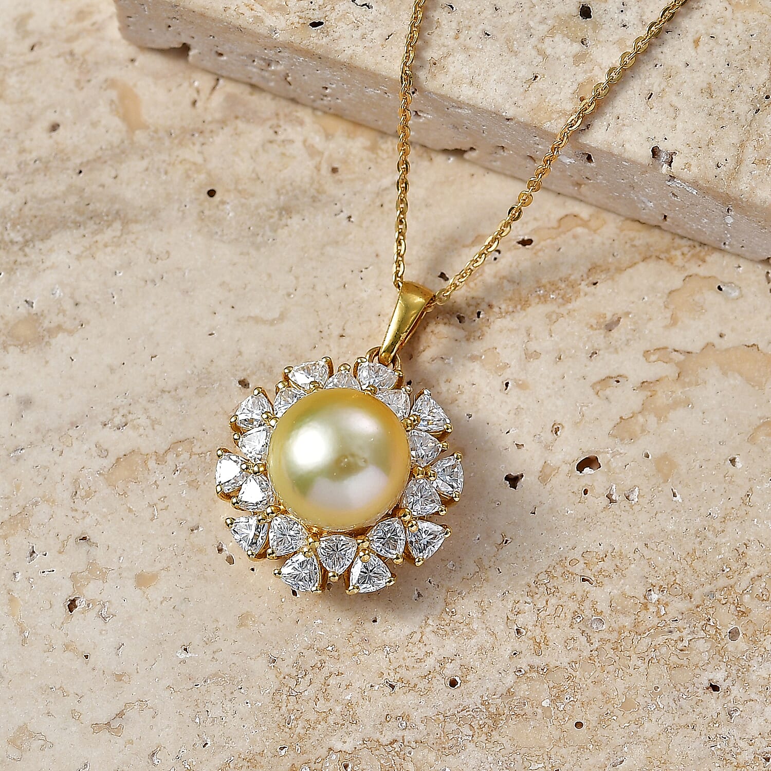 D'Joy Premium Golden South Sea Pearl and Moissantie 1.65 ctw Pendant Necklace in 18K Vermeil Yellow Gold Over Sterling Silver 20 Inches