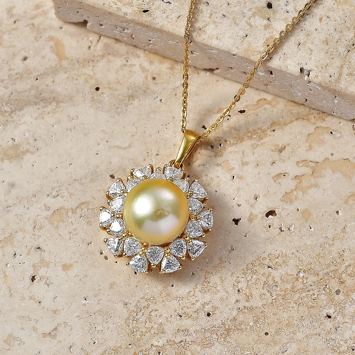 D'Joy Premium Golden South Sea Pearl and Moissantie 1.65 ctw Pendant Necklace in 18K Vermeil Yellow Gold Over Sterling Silver 20 Inches image number 1