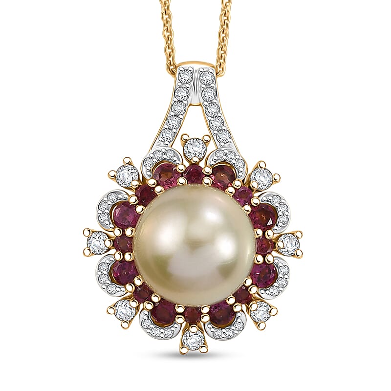D'Joy South Sea Golden Pearl and Multi Gemstone 2.15 ctw Golden Bloom Pearl Pendant Necklace in 18K Vermeil Yellow Gold Over Sterling Silver 20 Inches