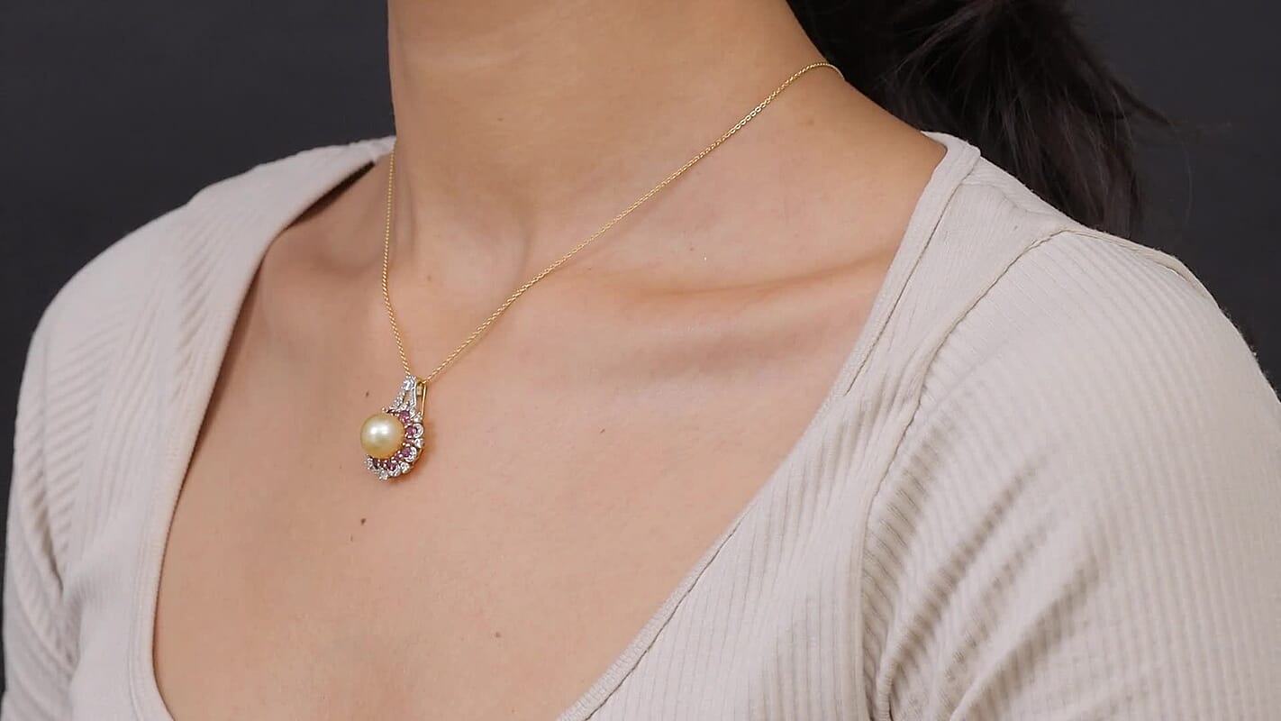 D'Joy Golden South Sea Pearl 9-11mm, Multi Gemstone Pendant Necklace (20 Inches) in 18K Vermeil YG Over Sterling Silver 2.15 ctw
