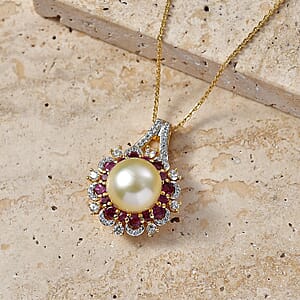 D'Joy South Sea Golden Pearl and Multi Gemstone 2.15 ctw Golden Bloom Pearl Pendant Necklace in 18K Vermeil Yellow Gold Over Sterling Silver 20 Inches