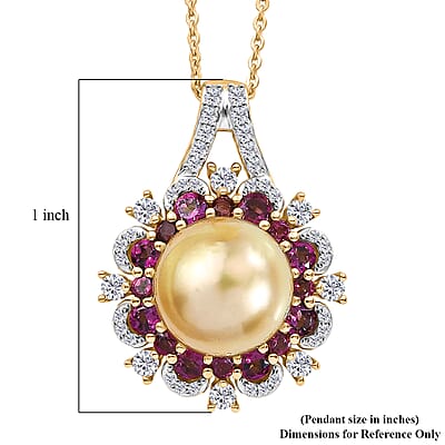 D'Joy South Sea Golden Pearl and Multi Gemstone 2.15 ctw Golden Bloom Pearl Pendant Necklace in 18K Vermeil Yellow Gold Over Sterling Silver 20 Inches
