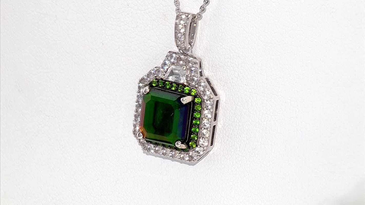 D'Joy Assher Cut AAA Canadian Ammolite and Multi Gemstone 5.10 ctw Prism Frame Pendant Necklace in Rhodium Over Sterling Silver 20 Inches