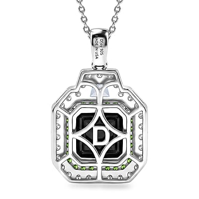 D'Joy Asscher Cut AAA Canadian Ammolite and Multi Gemstone 5.10 ctw Prism Frame Pendant Necklace in Rhodium Over Sterling Silver 20 Inches