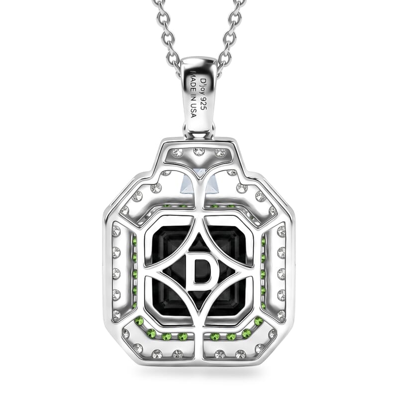 D'Joy Asscher Cut AAA Canadian Ammolite and Multi Gemstone 5.10 ctw Prism Frame Pendant Necklace in Rhodium Over Sterling Silver 20 Inches