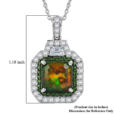 D'Joy Asscher Cut AAA Canadian Ammolite and Multi Gemstone 5.10 ctw Prism Frame Pendant Necklace in Rhodium Over Sterling Silver 20 Inches