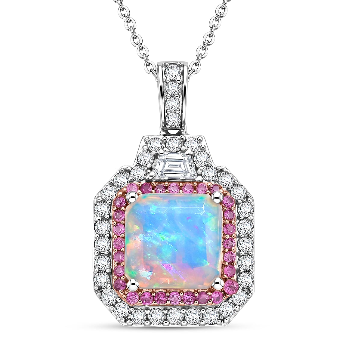 D'Joy Asscher Cut AAA Ethiopian Welo Opal and Multi Gemstone 4.50 ctw Prism Frame Pendant Necklace in Rhodium Over Sterling Silver 20 Inches