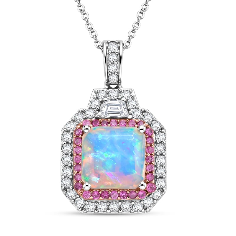 D'Joy Asscher Cut AAA Ethiopian Welo Opal and Multi Gemstone 4.50 ctw Prism Frame Pendant Necklace in Rhodium Over Sterling Silver 20 Inches