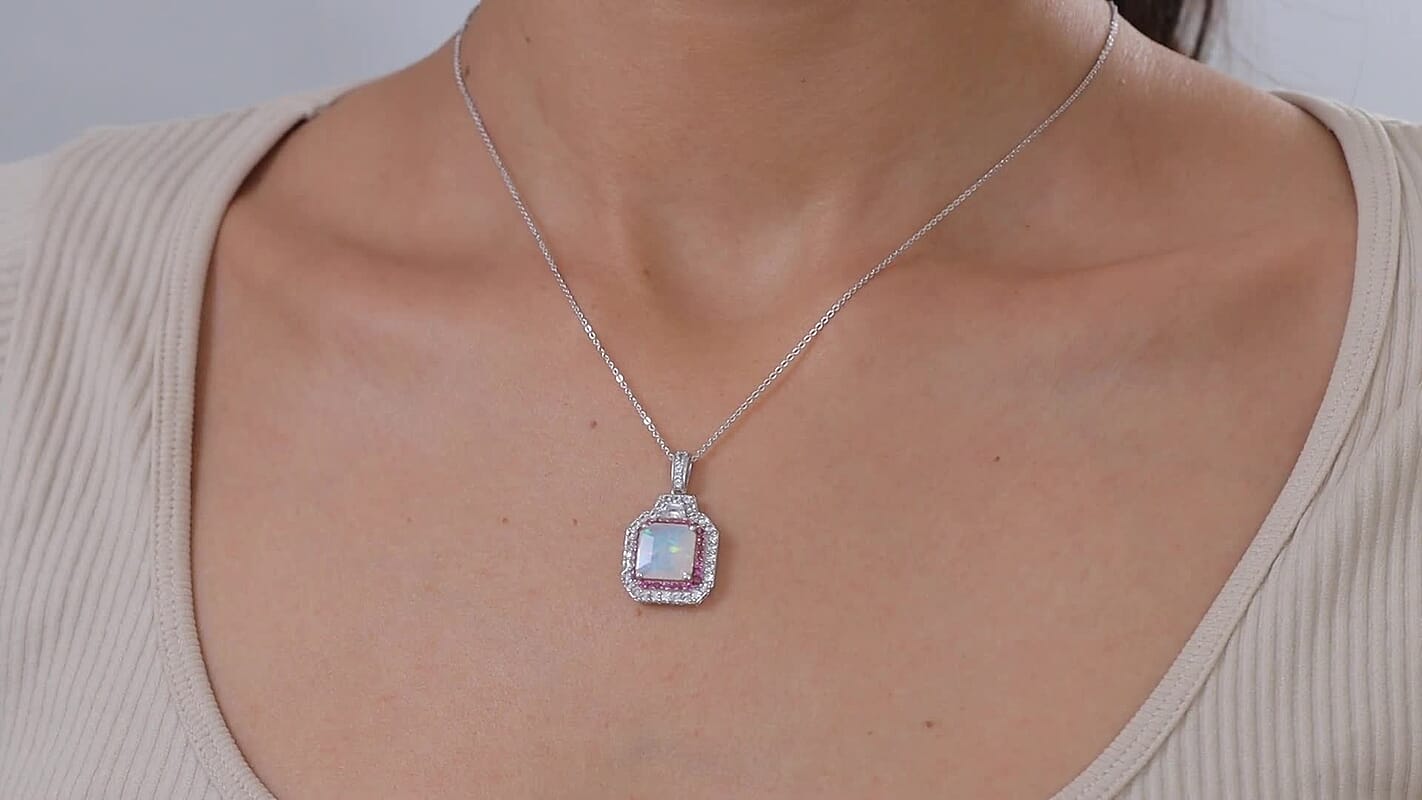 D'Joy Assher Cut AAA Canadian Ammolite and Multi Gemstone 5.10 ctw Prism Frame Pendant Necklace in Rhodium Over Sterling Silver 20 Inches