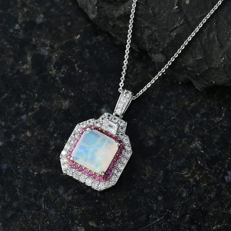 D'Joy Asscher Cut AAA Ethiopian Welo Opal and Multi Gemstone 4.50 ctw Prism Frame Pendant Necklace in Rhodium Over Sterling Silver 20 Inches