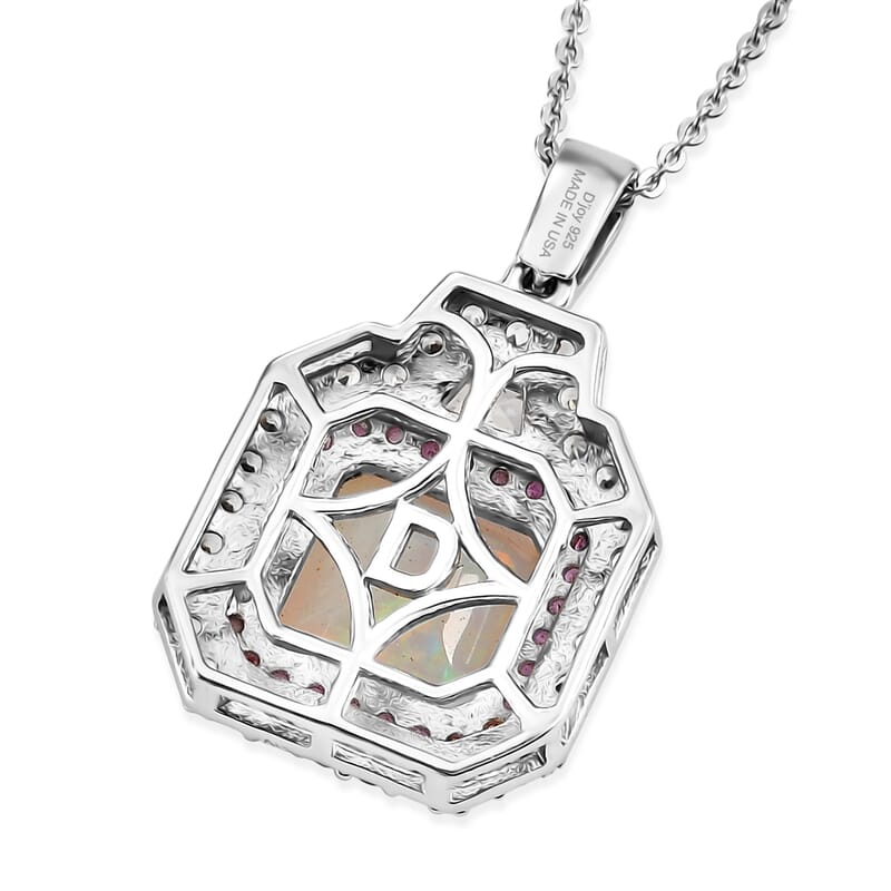 D'Joy Asscher Cut AAA Ethiopian Welo Opal and Multi Gemstone 4.50 ctw Prism Frame Pendant Necklace in Rhodium Over Sterling Silver 20 Inches