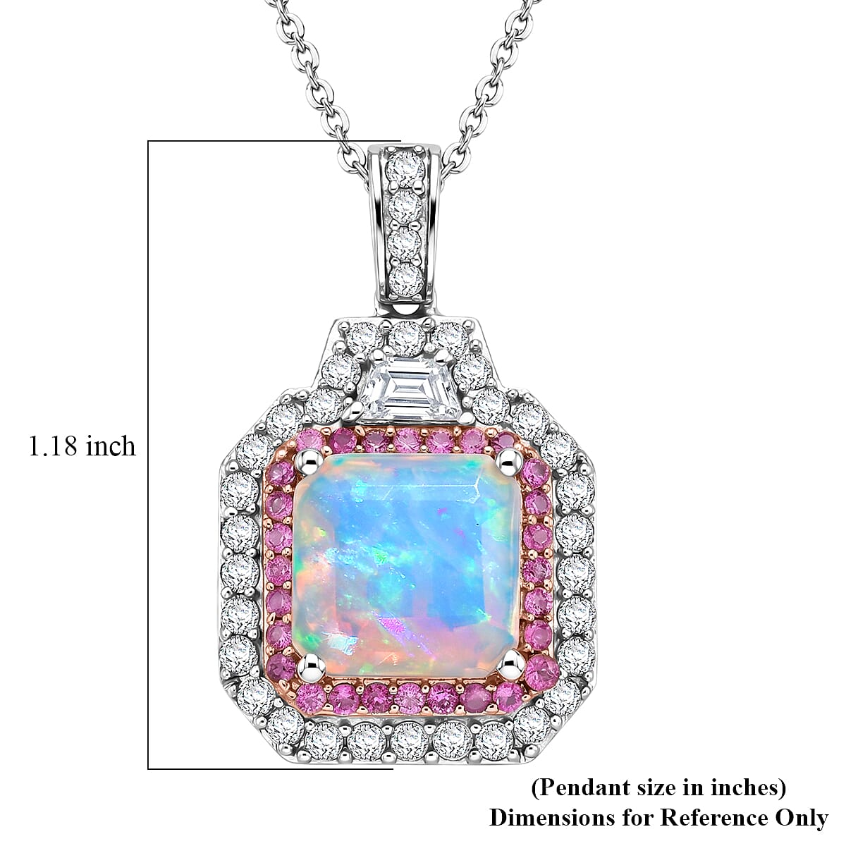D'Joy Asscher Cut AAA Ethiopian Welo Opal and Multi Gemstone 4.50 ctw Prism Frame Pendant Necklace in Rhodium Over Sterling Silver 20 Inches
