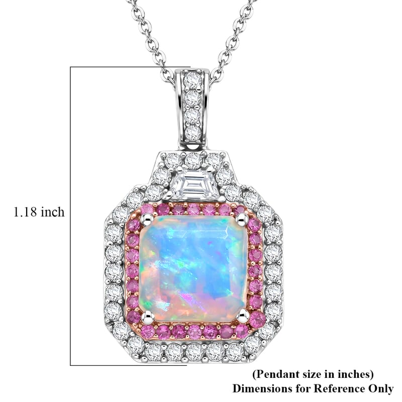D'Joy Asscher Cut AAA Ethiopian Welo Opal and Multi Gemstone 4.50 ctw Prism Frame Pendant Necklace in Rhodium Over Sterling Silver 20 Inches
