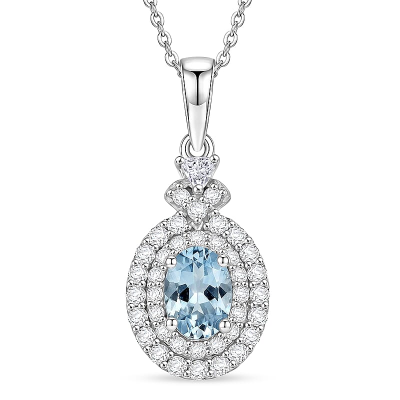 Certified & Appraised D'Joy Premium Santa Maria Aquamarine and Moissanite 1.40 ctw Pendant Necklace in Rhodium Over Sterling Silver 20 Inches