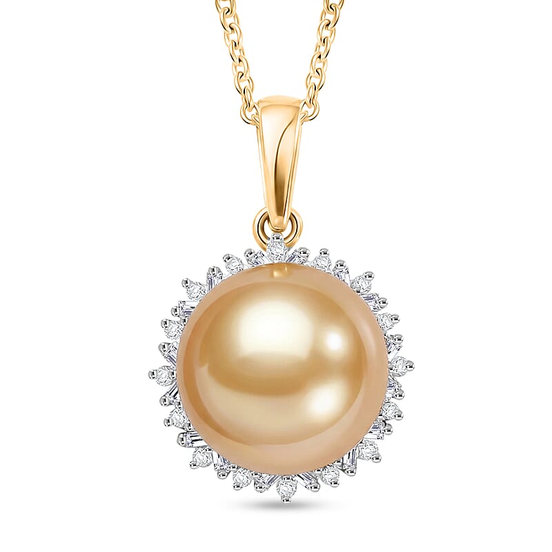 Luxoro Premium South Sea Golden Pearl and Diamond I2 0.30 ctw Starburst Pendant Necklace in 10K Yellow Gold 20 Inches
