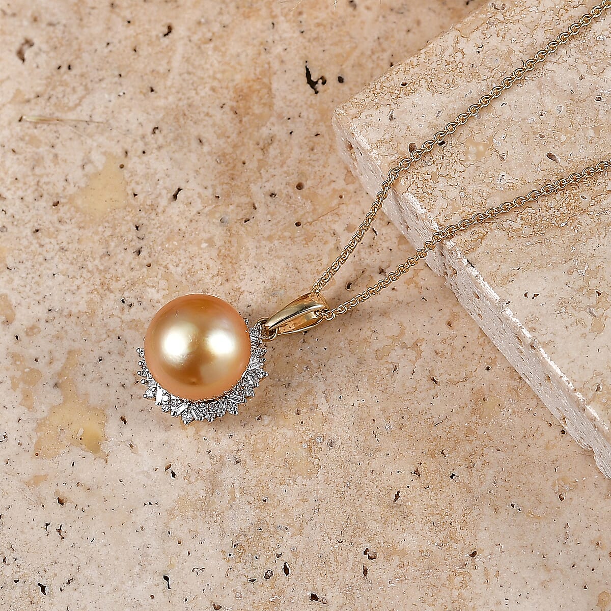 Luxoro Premium South Sea Golden Pearl and Diamond I2 0.30 ctw Starburst Pendant Necklace in 10K Yellow Gold 20 Inches image number 1