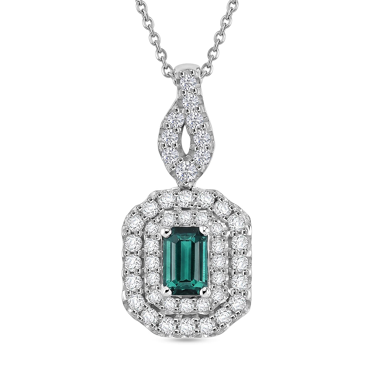 Certified & Appraised D'Joy Premium Monte Belo Indicolite and Moissanite 1.25 ctw Pendant Necklace in Rhodium Over Sterling Silver (20 Inches)