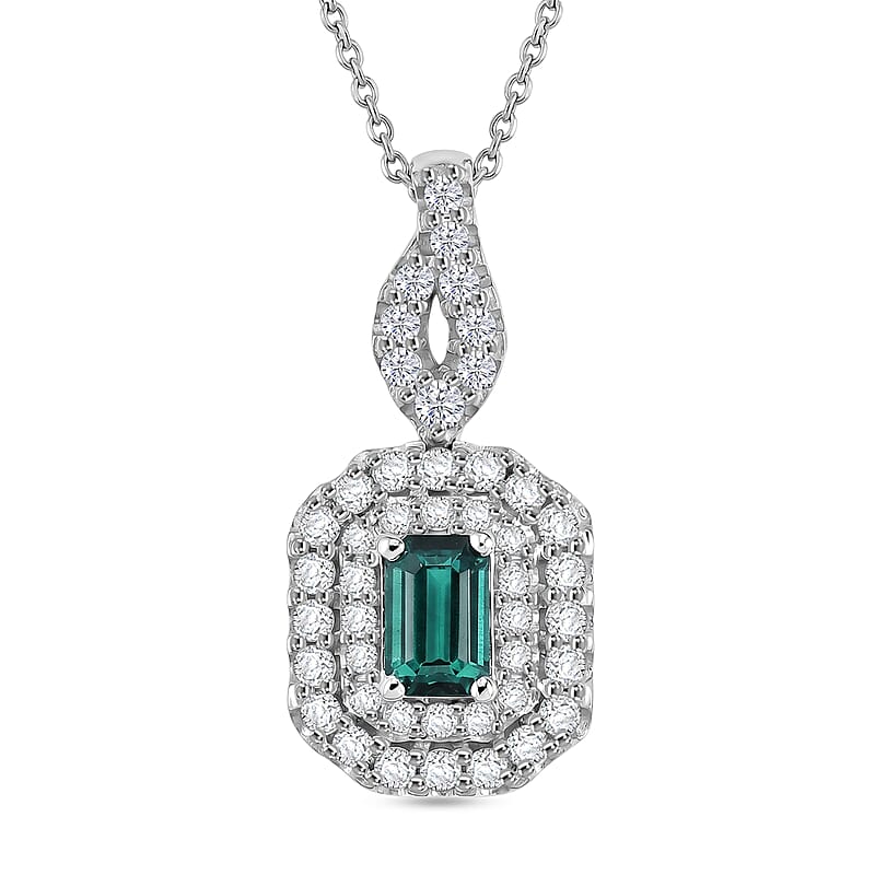 Certified & Appraised D'Joy Premium Monte Belo Indicolite and Moissanite 1.25 ctw Pendant Necklace in Rhodium Over Sterling Silver (20 Inches)