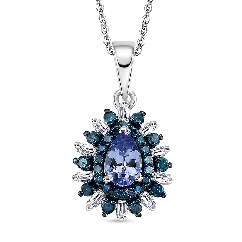 D'Joy Peacock Tanzanite, Blue and White Diamond IR 0.80 ctw Pendant Necklace in Rhodium Over Sterling Silver 20 Inches