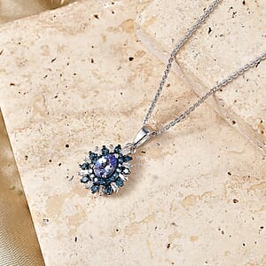 D'Joy Peacock Tanzanite, Blue and White Diamond IR 0.80 ctw Pendant Necklace in Rhodium Over Sterling Silver 20 Inches 