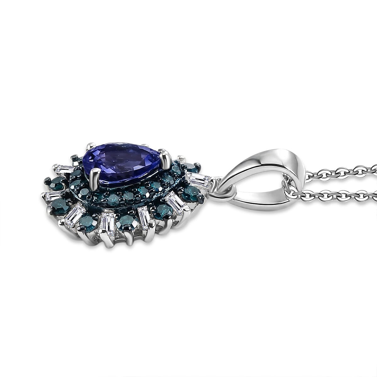 D'Joy Peacock Tanzanite, Blue and White Diamond IR 0.80 ctw Pendant Necklace in Rhodium Over Sterling Silver 20 Inches
