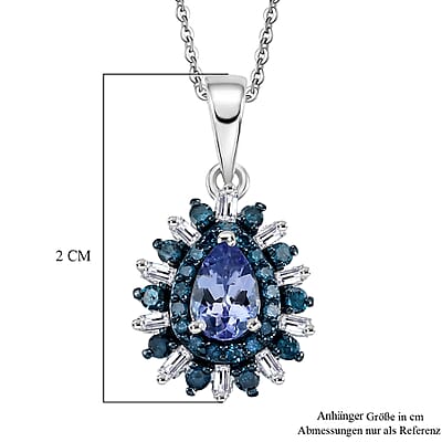D'Joy Peacock Tanzanite, Blue and White Diamond IR 0.80 ctw Pendant Necklace in Rhodium Over Sterling Silver 20 Inches