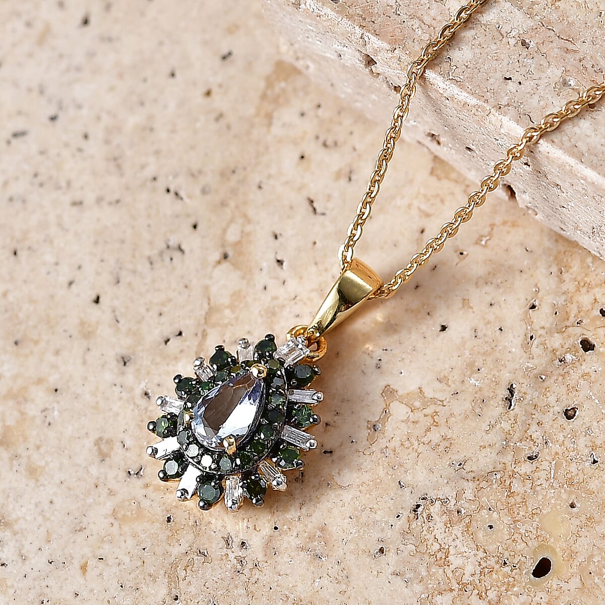 D'Joy Green Tanzanite, Green and White Diamond IR 0.80 ctw Pendant Necklace in 18K Vermeil Yellow Gold Over Sterling Silver 20 Inches  image number 1