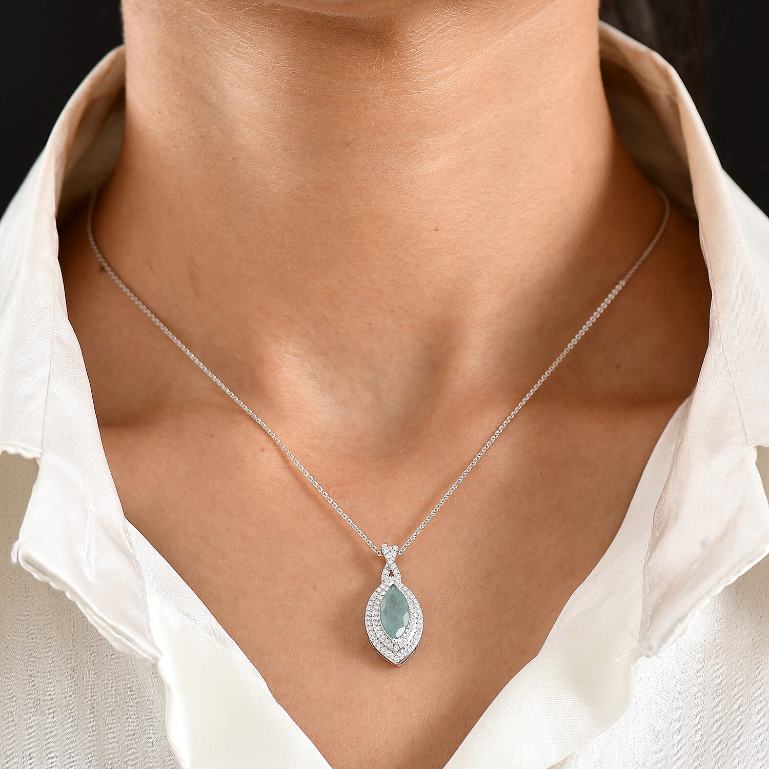 D'Joy Premium Grandidierite and Moissanite 2.15 ctw Ocean infinity Pendant Necklace in Rhodium Over Sterling Silver (20 Inches)