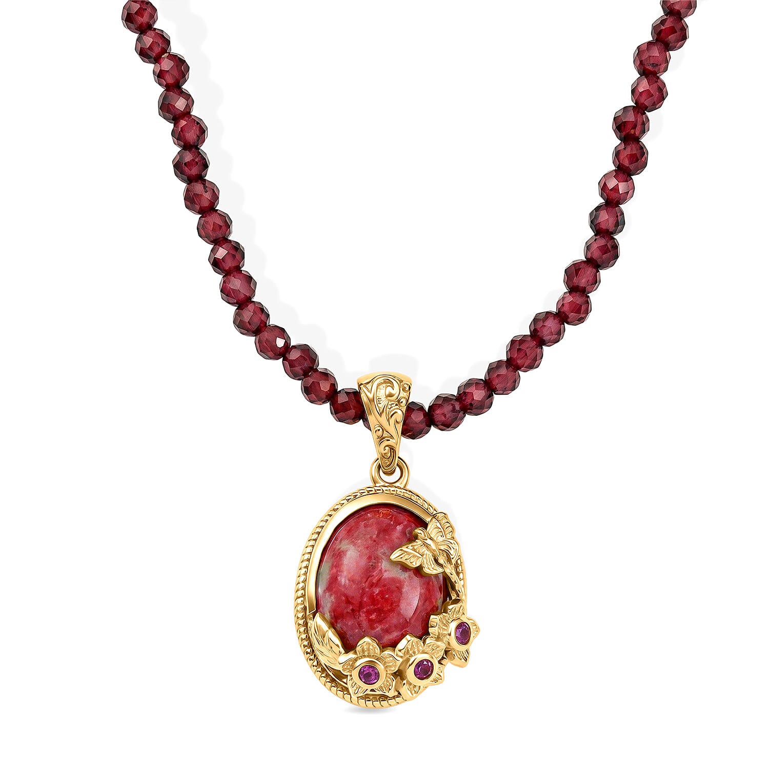 EverTrue Premium Norwegian Thulite and Orissa Rhodolite Garnet 78.40 ctw Butterfly in Bloom Pendant with Beaded Necklace in 18K YG Plated 18 Inches