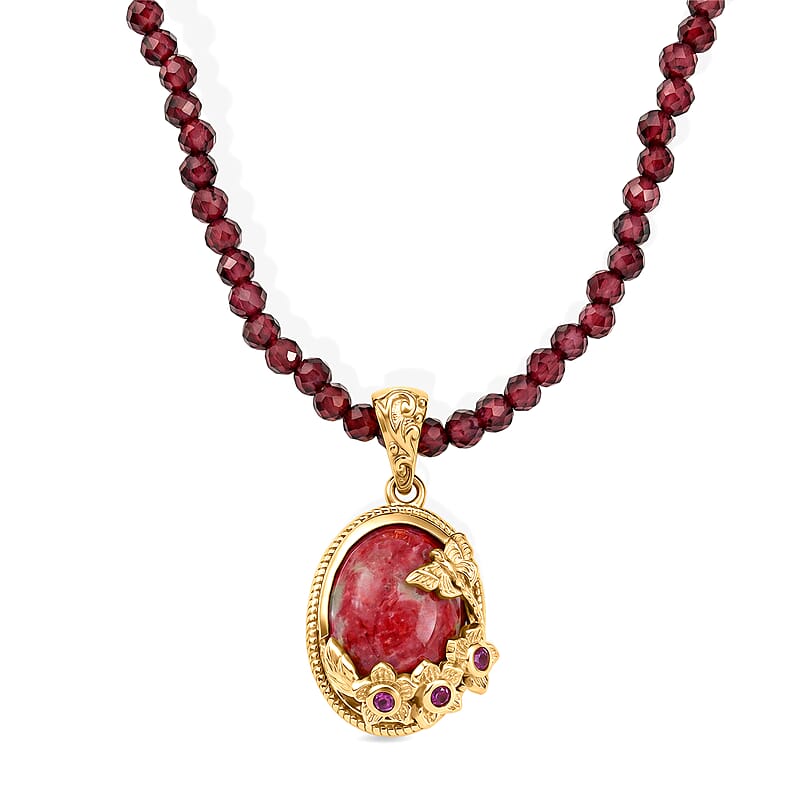 EverTrue Premium Norwegian Thulite and Orissa Rhodolite Garnet 78.40 ctw Butterfly in Bloom Pendant with Beaded Necklace in 18K YG Plated 18 Inches