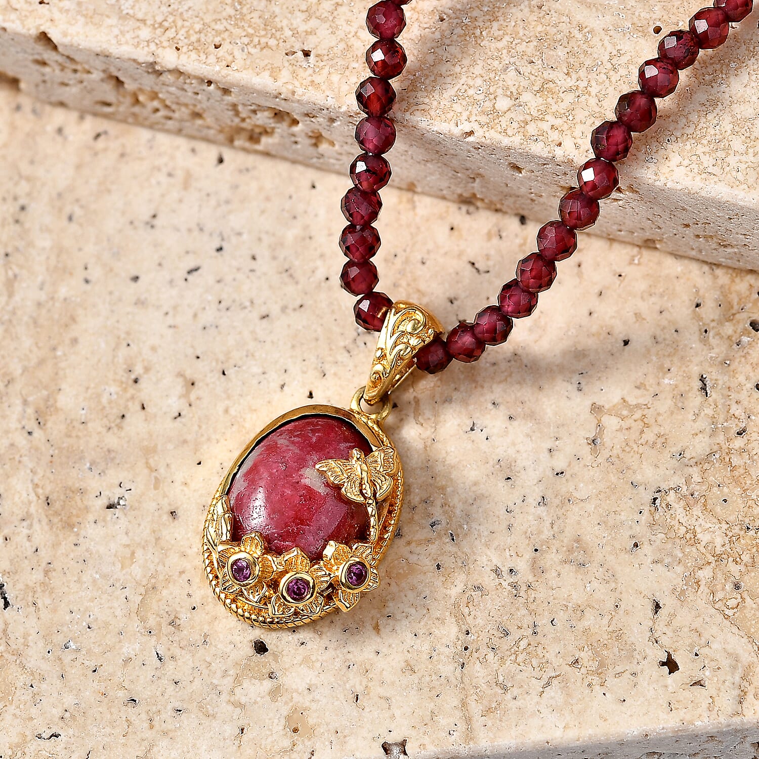 EverTrue Premium Norwegian Thulite and Orissa Rhodolite Garnet 78.40 ctw Butterfly in Bloom Pendant with Beaded Necklace in 18K YG Plated 18 Inches