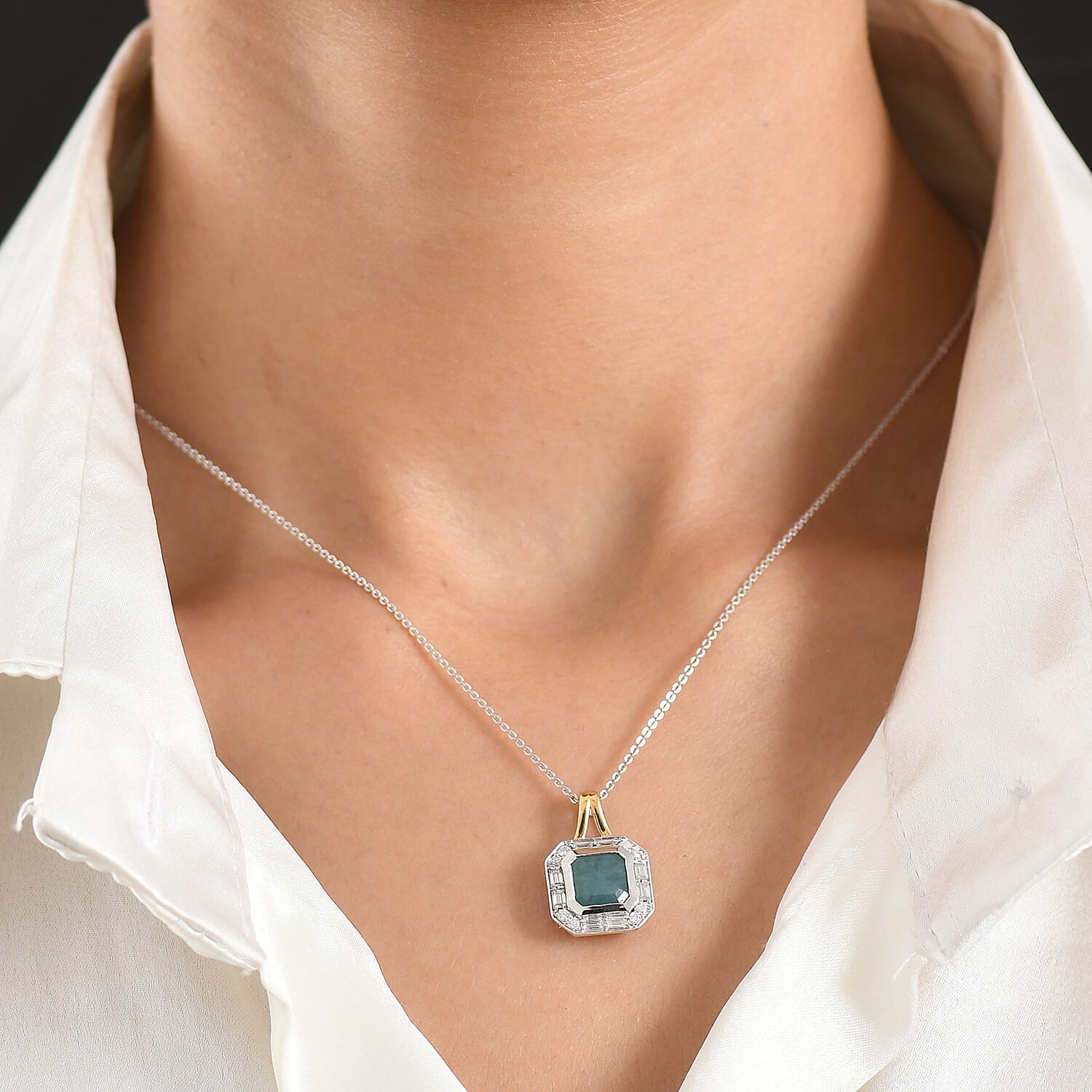D'Joy Premium Grandidierite and Moissanite 3.30 ctw Ocean Deco Pendant Necklace in 18K Vermeil YG and Rhodium Over Sterling Silver (20 Inches)