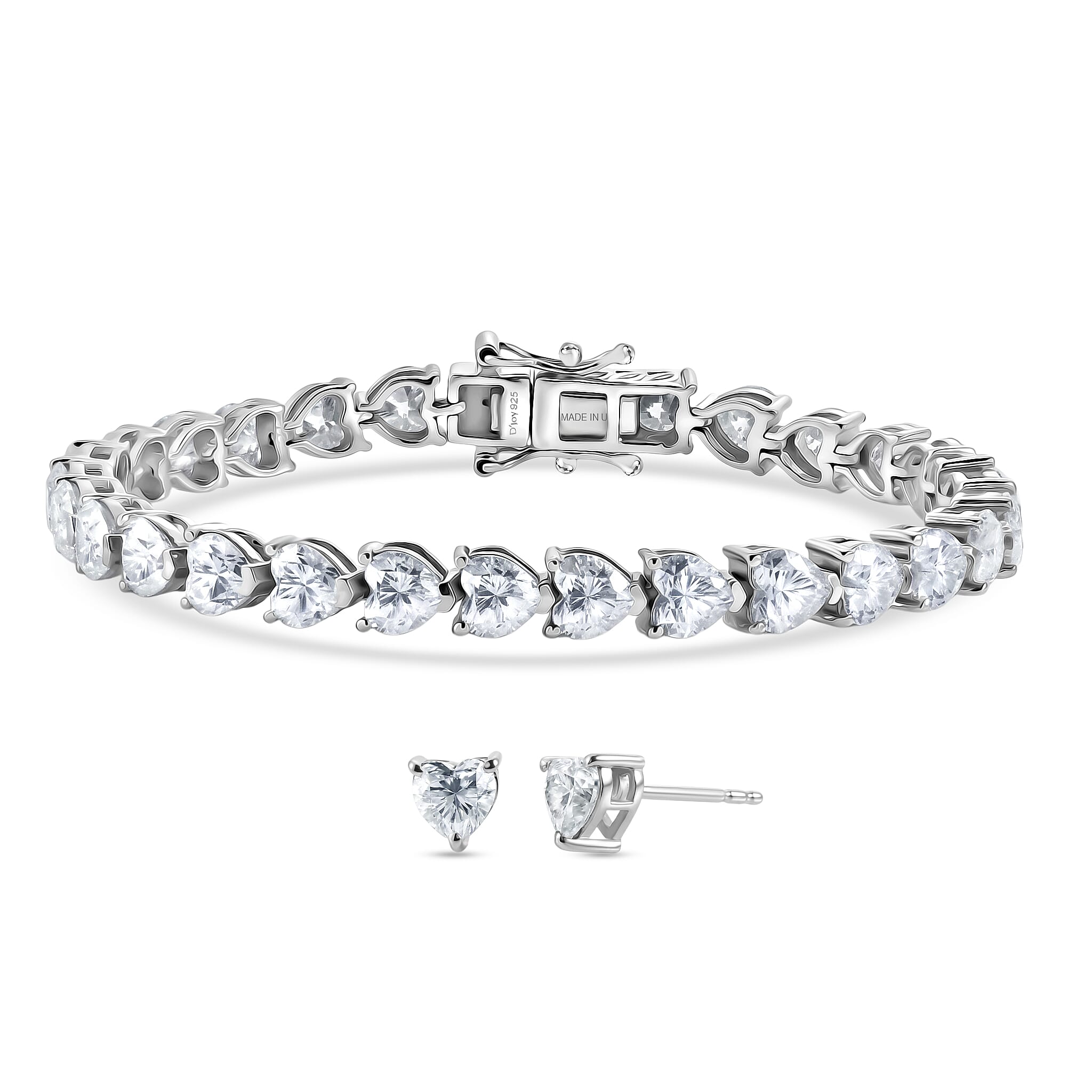 D'Joy Moissanite 14.50 ctw Heart Link Bracelet (6.5In) and Earrings in Rhodium Over Sterling Silver