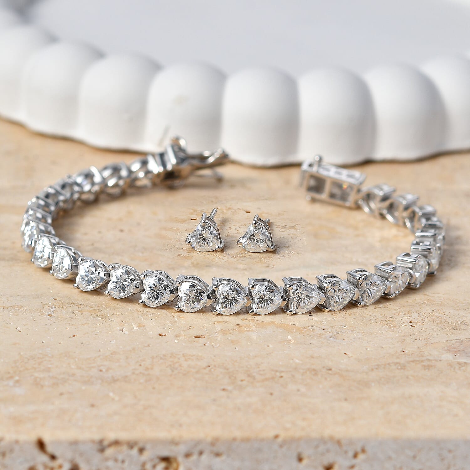 D'Joy Moissanite 14.50 ctw Heart Link Bracelet (6.5In) and Earrings in Rhodium Over Sterling Silver