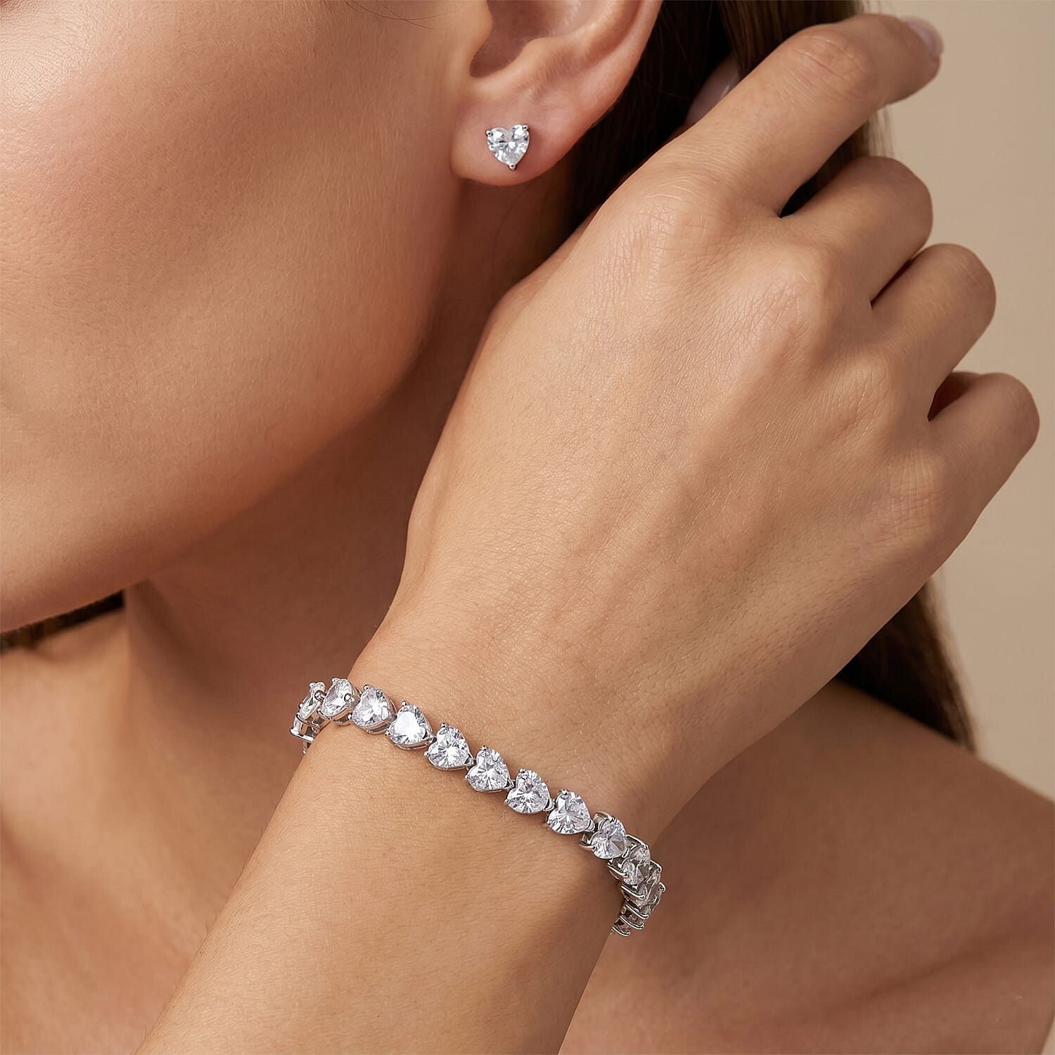 D'Joy Moissanite 14.50 ctw Heart Link Bracelet (6.5In) and Earrings in Rhodium Over Sterling Silver
