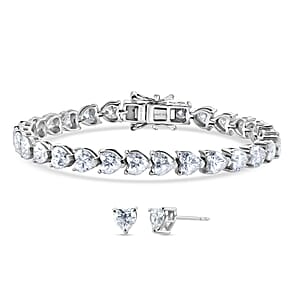 D'Joy Moissanite 16.00 ctw Heart Link Bracelet (7.25In) and Stud Earrings in Rhodium Over Sterling Silver